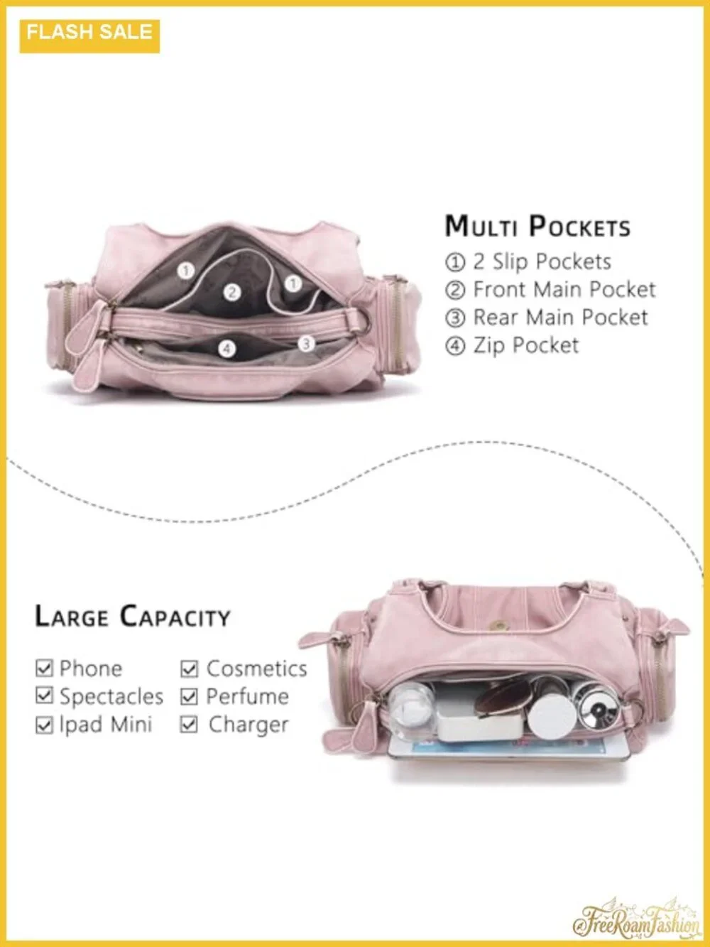 Vegan Leather Hobo Handbag with Multi-Pockets, Adjustable Strap Crossbody